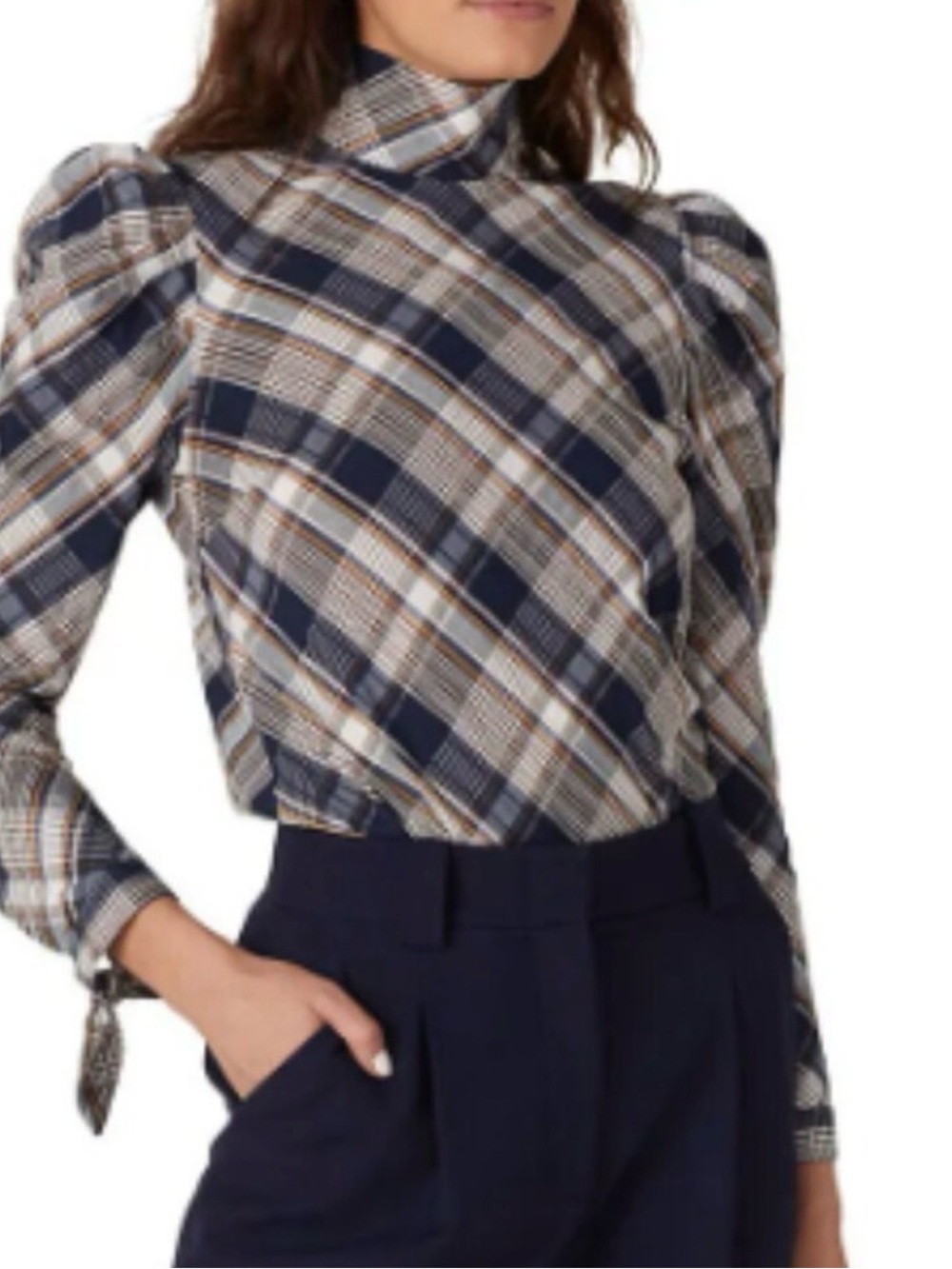Plaid Puff-Sleeve High-Neck Top in Navy and Cream